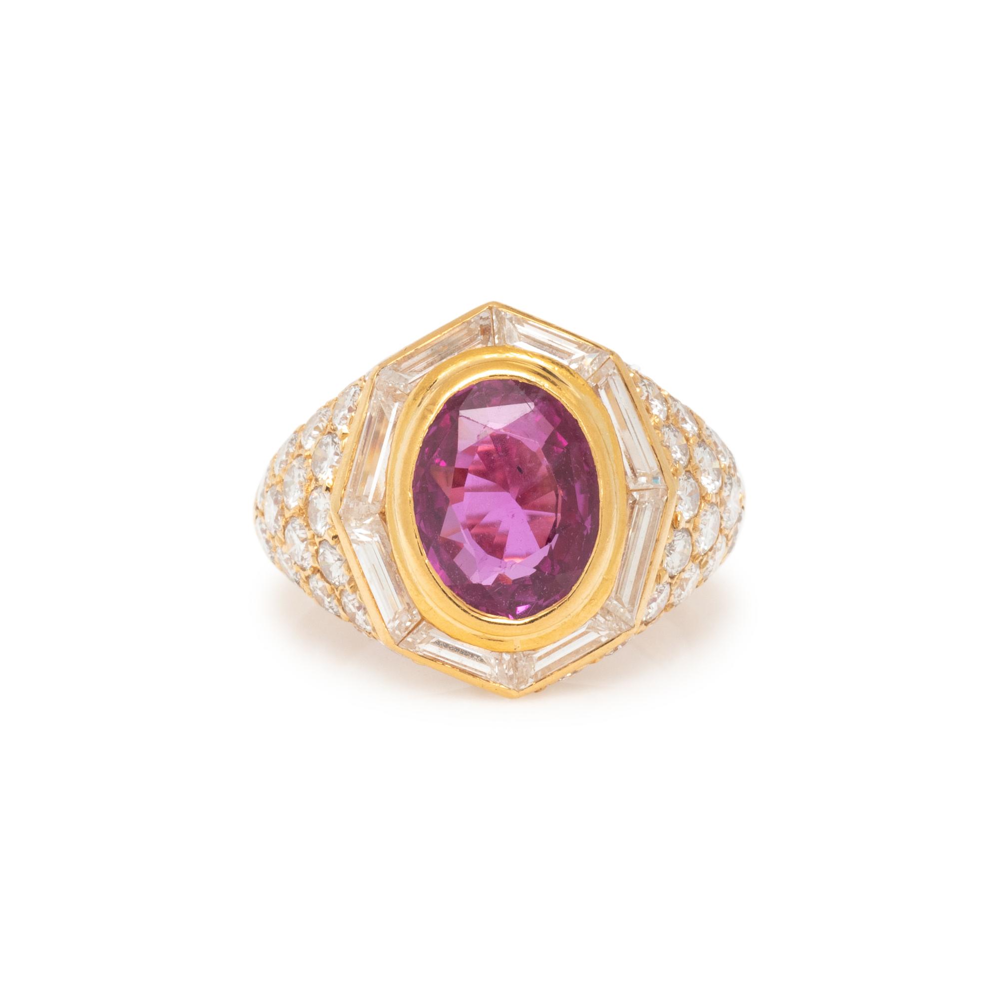 PINK SAPPHIRE, DIAMOND AND YELLOW GOLD RING
