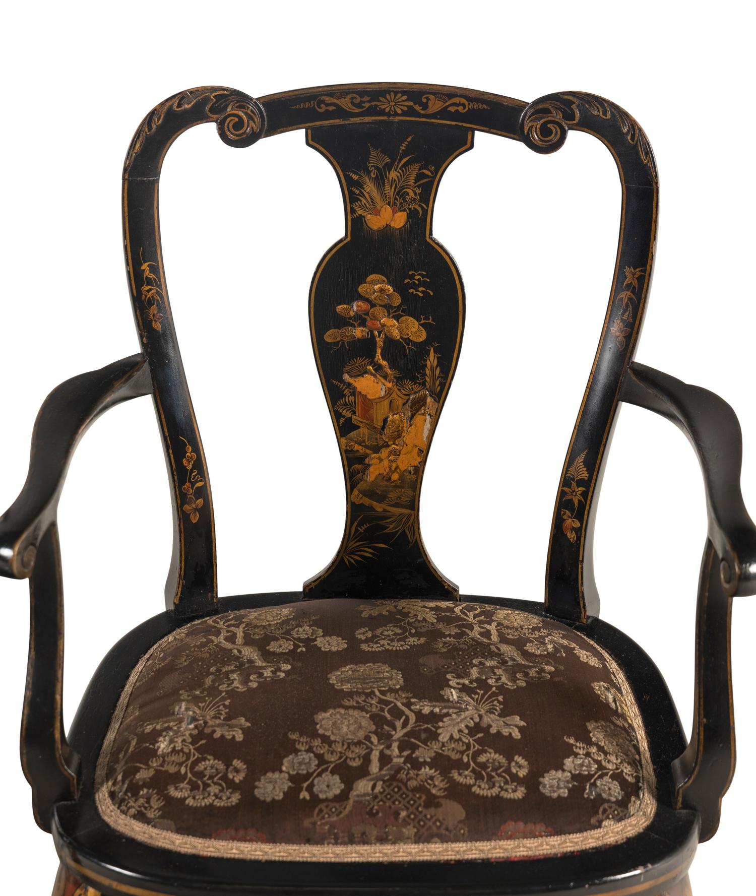 A Pair of Queen Anne Style Black Japanned Armchairs