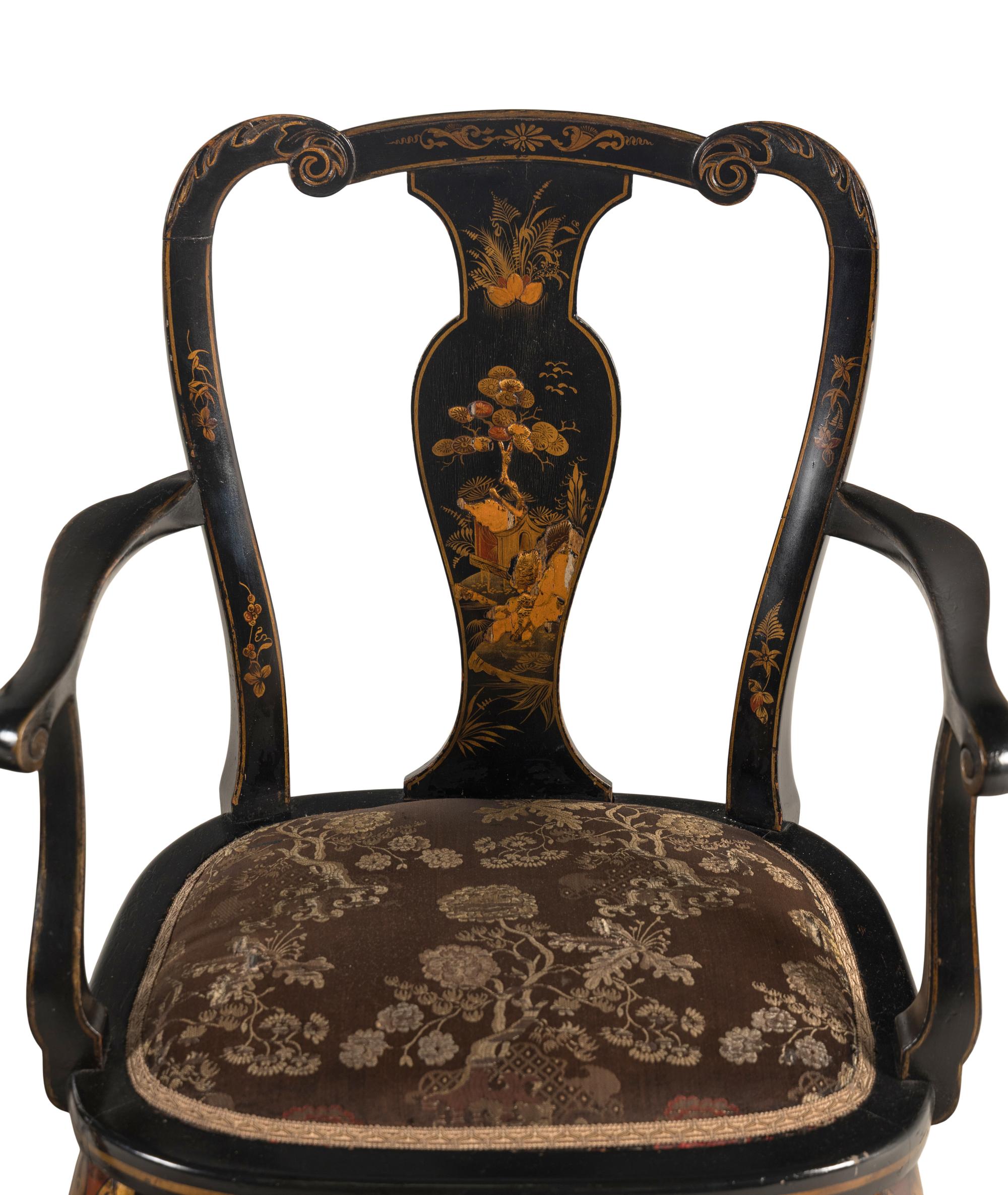 A Pair of Queen Anne Style Black Japanned Armchairs