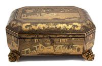 A Chinese Black and Gilt Lacquer Papier Mache Covered Box Height 5 x width 11 x depth 7 1/2 inches. — 19TH CENTURY