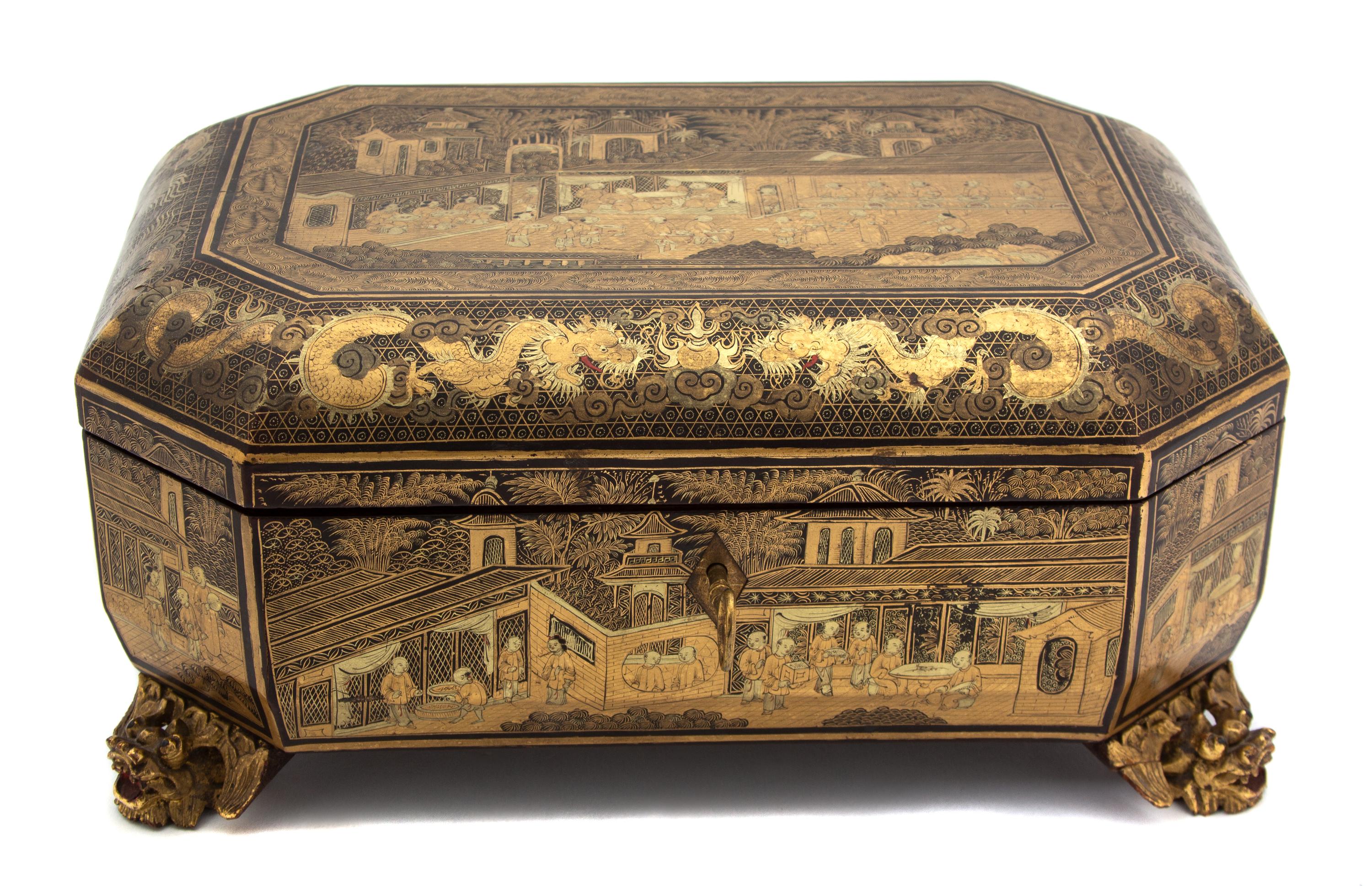 A Chinese Black and Gilt Lacquer Papier Mache Covered Box Height 5 x width 11 x depth 7 1/2 inches. — 19TH CENTURY