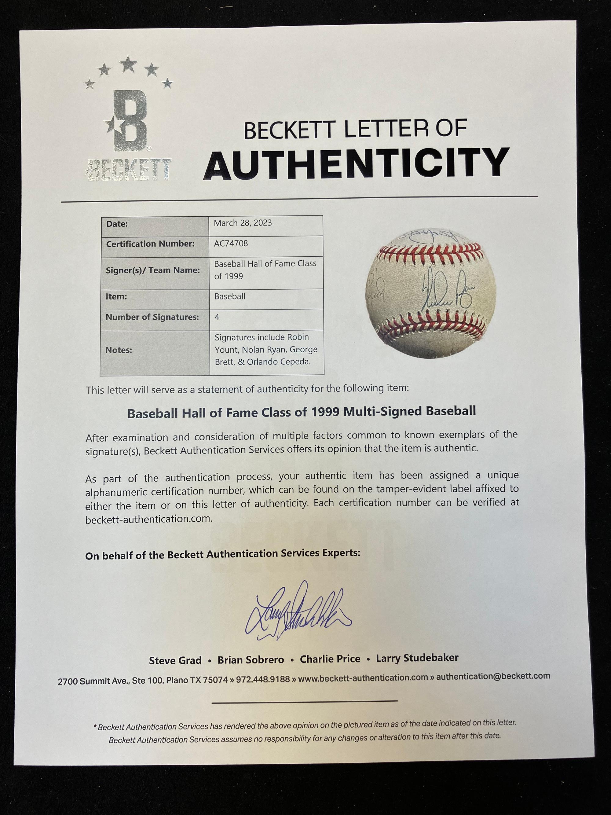 A Nolan Ryan, George Brett, Robin Yount and Orlando Cepeda 1999 Hall of Fame Signed Autograph Baseball (Beckett Authentication Services Letter)