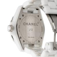 CHANEL, 'J12' CERAMIC AND DIAMOND DATE WATCH, BOX, PAPERS, AND EXTRA LINKS