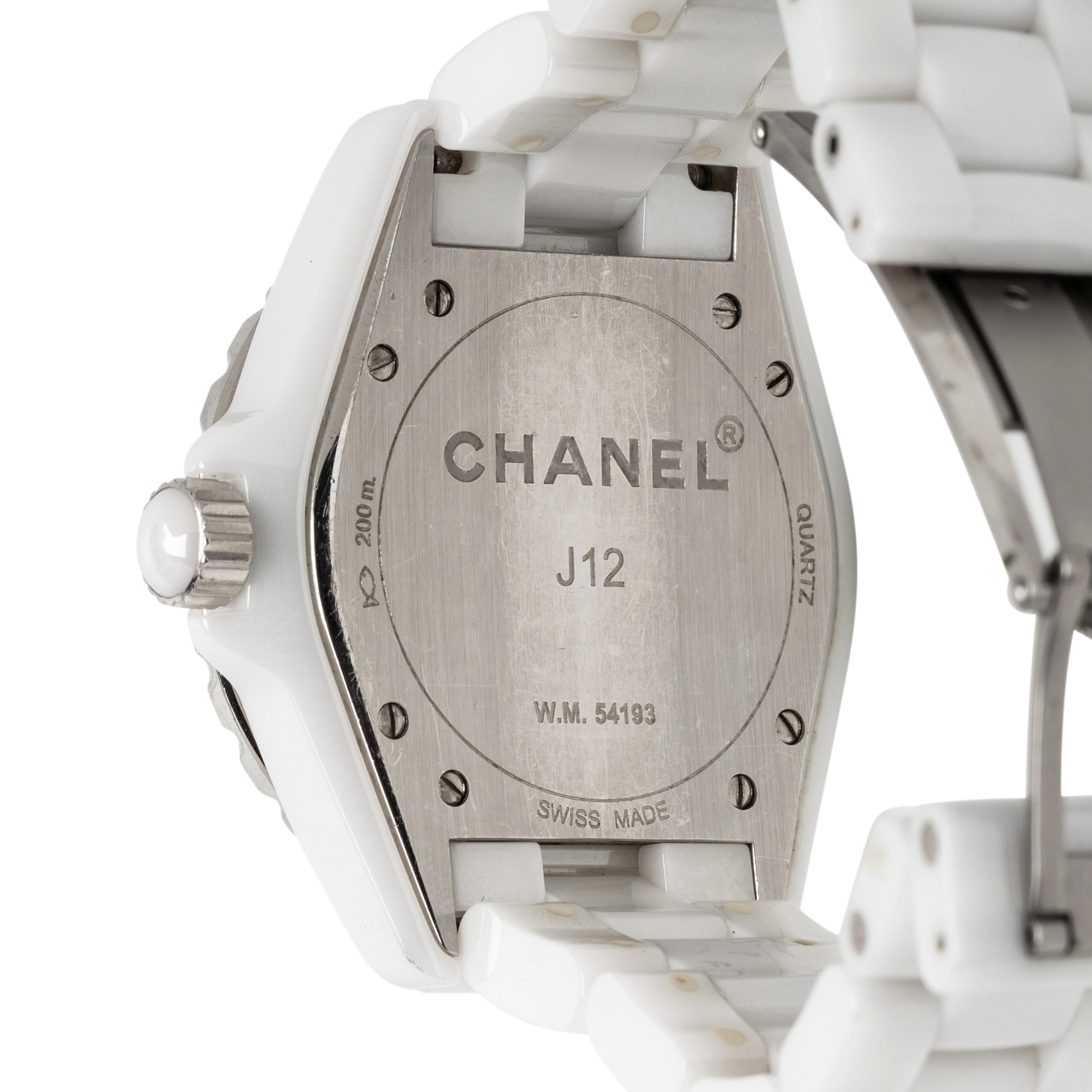 CHANEL, 'J12' CERAMIC AND DIAMOND DATE WATCH, BOX, PAPERS, AND EXTRA LINKS