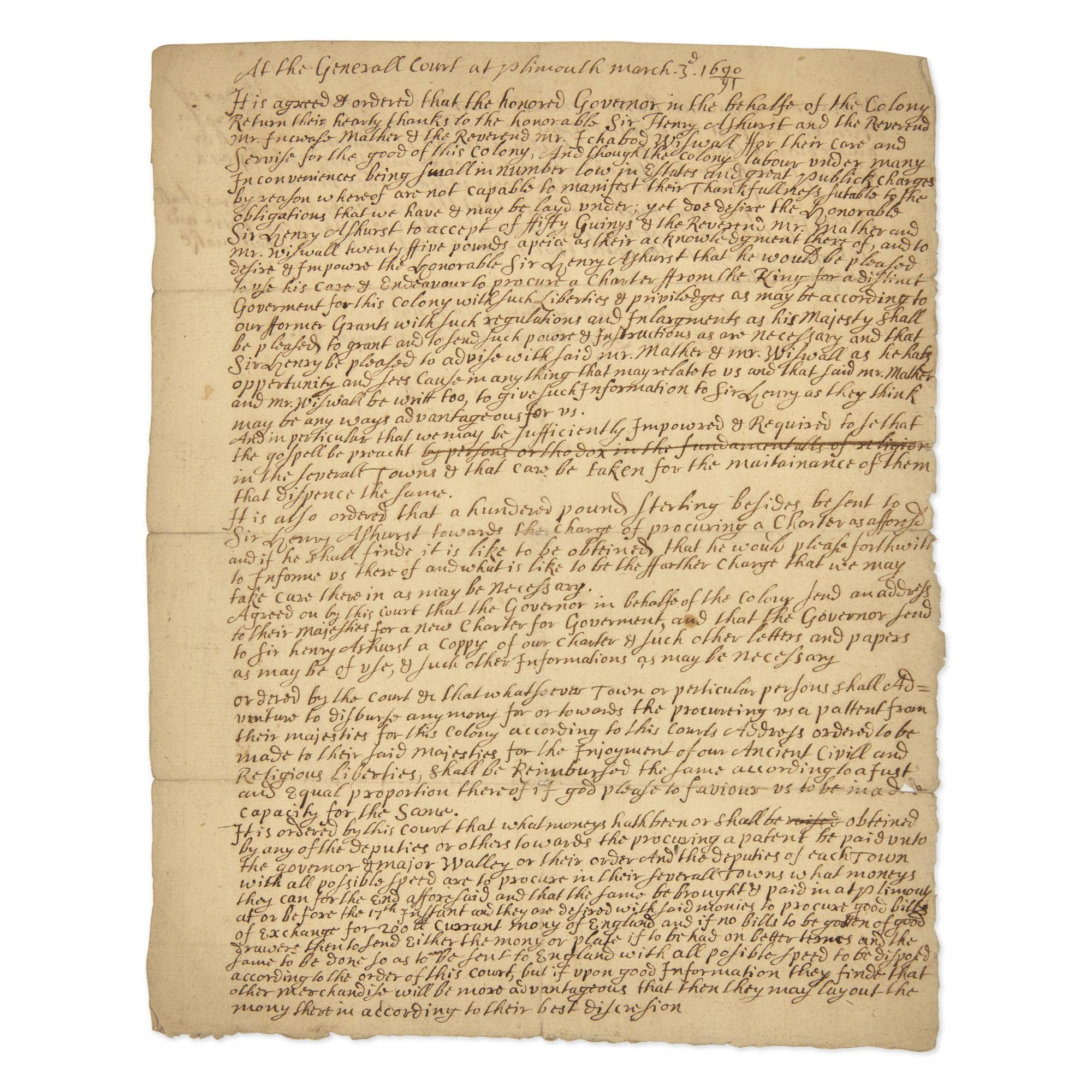 [Colonial America] Plymouth Colony Seeks a Royal Charter: A Rare and Important Plymouth Colony Document