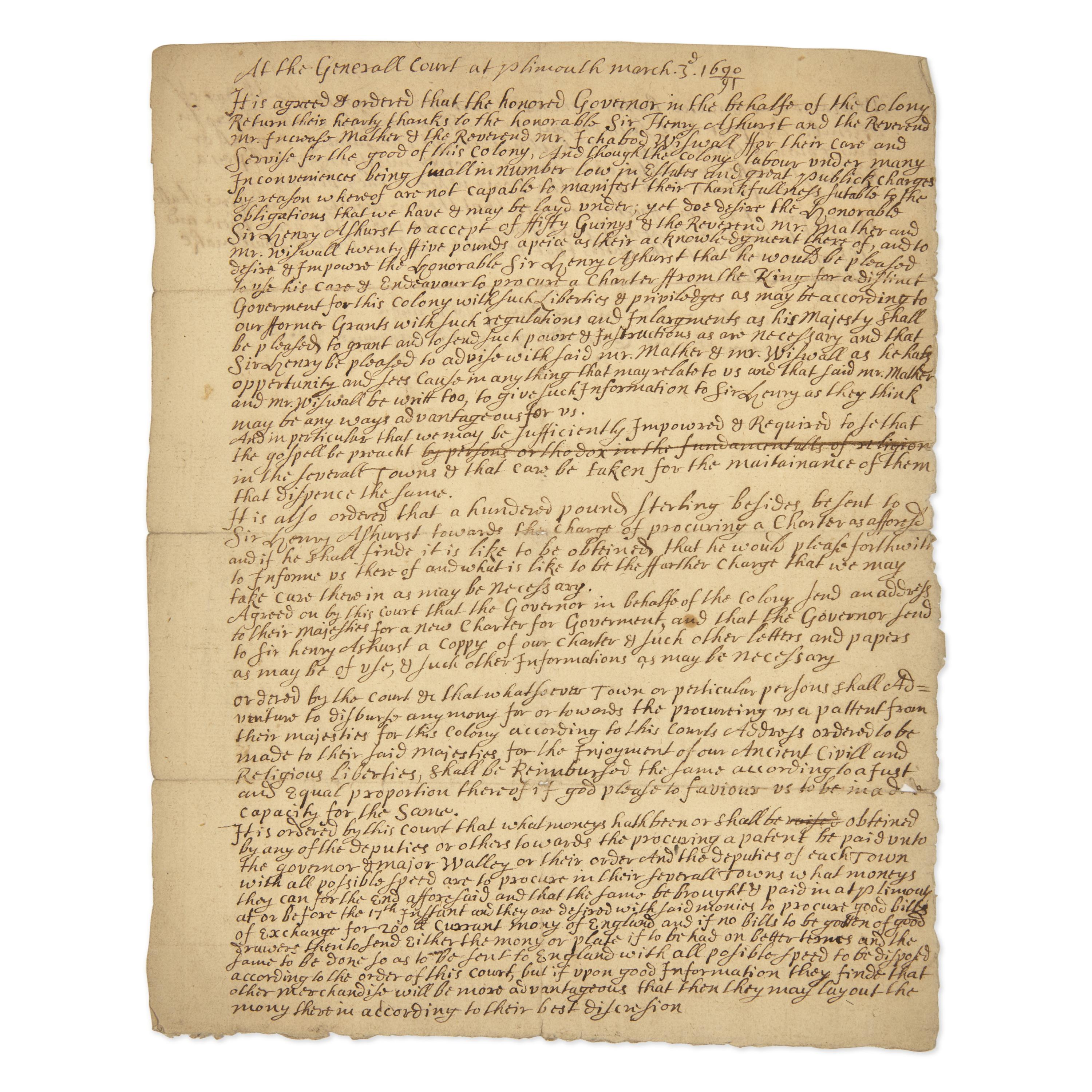 [Colonial America] Plymouth Colony Seeks a Royal Charter: A Rare and Important Plymouth Colony Document
