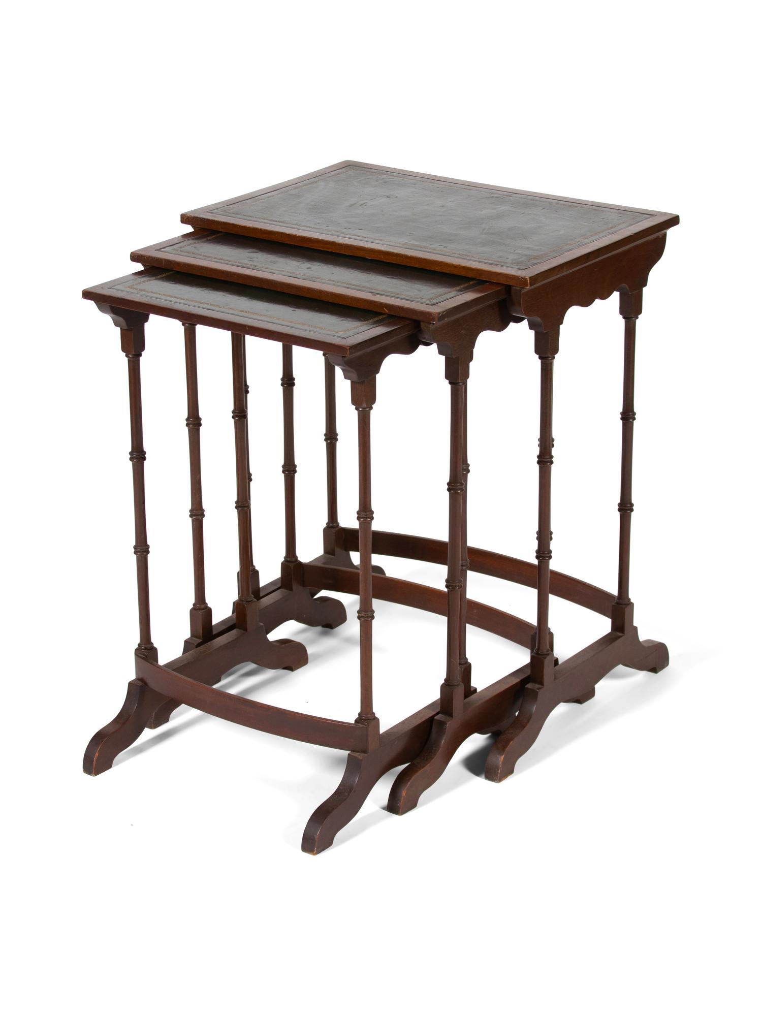 A Set of Three Regency Style Mahogany Nesting Tables Height of largest 25 1/2 x width 20 3/4 x depth 14 inches. — 19TH CENTURY