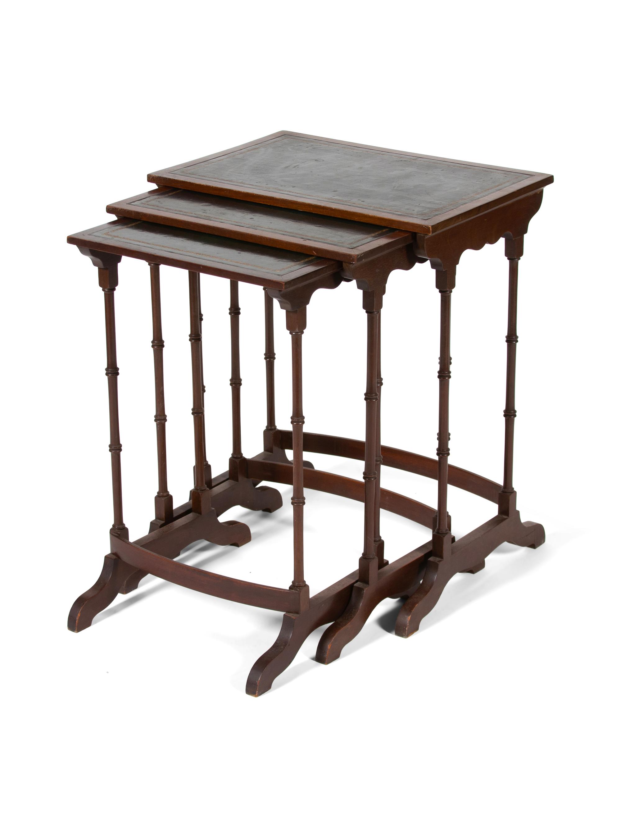 A Set of Three Regency Style Mahogany Nesting Tables Height of largest 25 1/2 x width 20 3/4 x depth 14 inches. — 19TH CENTURY