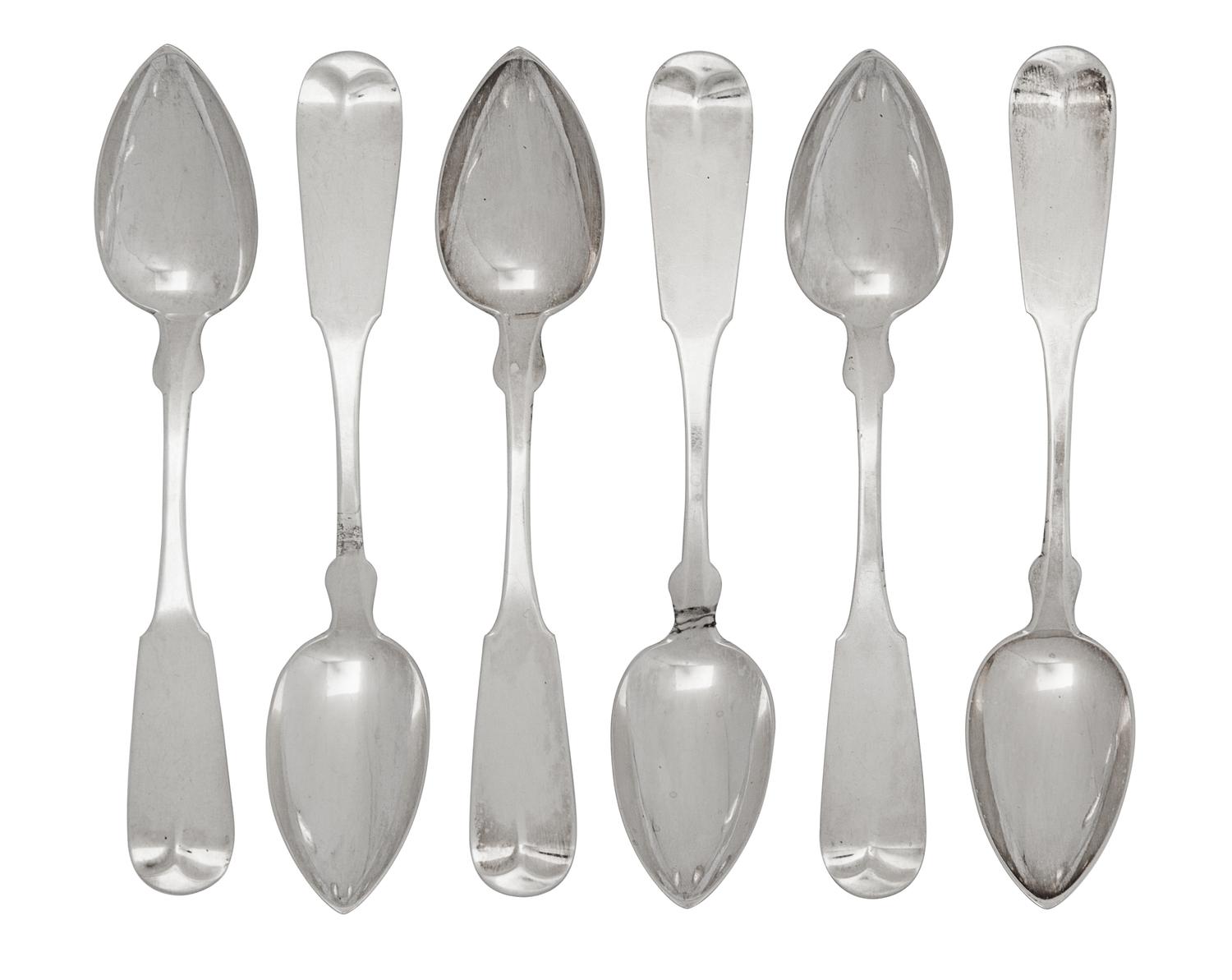 A Set of Six American Silver Spoons, Newell Harding & Co., Boston, MA, Mid-19th Century, fiddle thread pattern, the reverse of each han