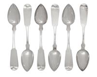 A Set of Six American Silver Spoons, Newell Harding & Co., Boston, MA, Mid-19th Century, fiddle thread pattern, the reverse of each han
