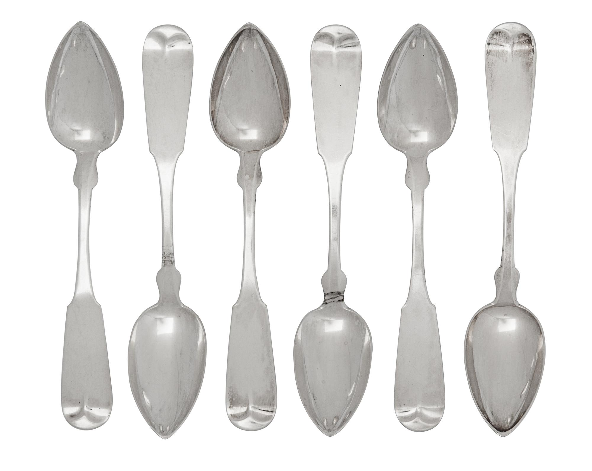 A Set of Six American Silver Spoons, Newell Harding & Co., Boston, MA, Mid-19th Century, fiddle thread pattern, the reverse of each han
