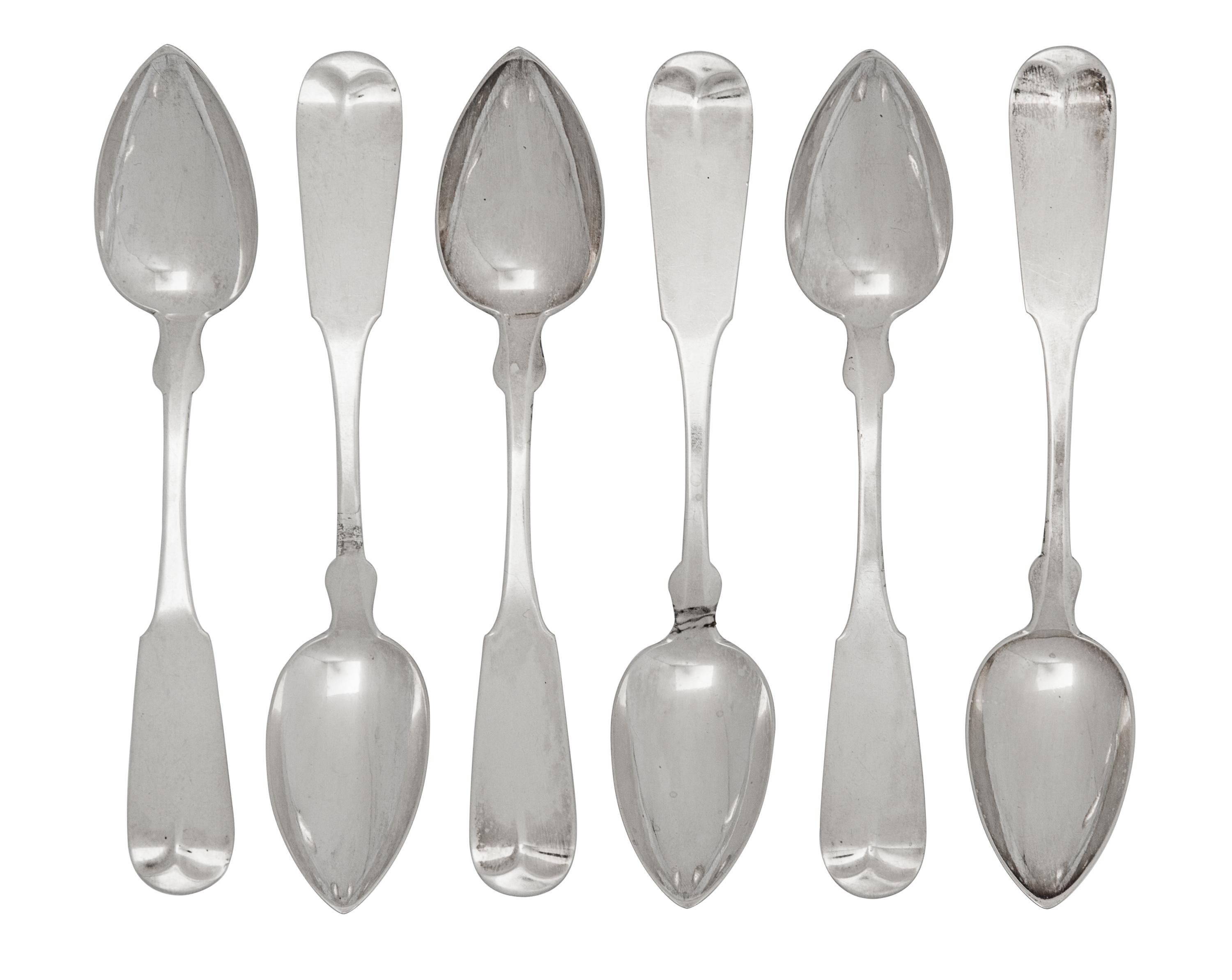 A Set of Six American Silver Spoons, Newell Harding & Co., Boston, MA, Mid-19th Century, fiddle thread pattern, the reverse of each han