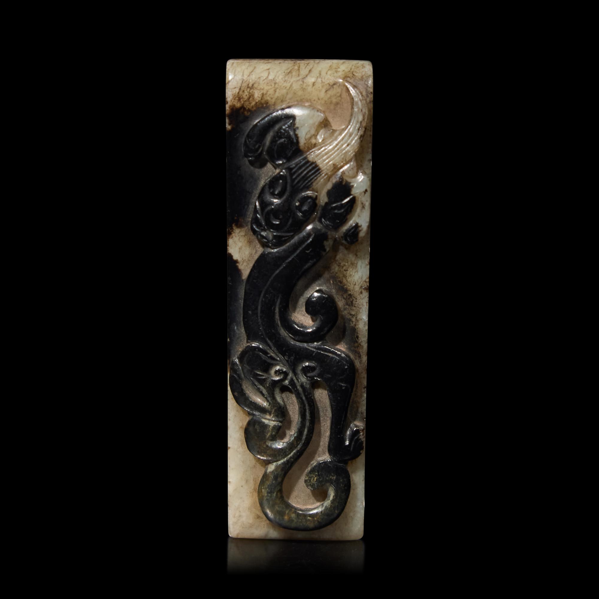 A Chinese Celadon and Black Jade 'Chilong' Sword Scabbard, Jianzhi Qing Dynasty or Earlier 清或更早 青玉提油雕螭龍劍璏