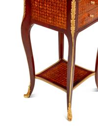 A Pair of Louis XV Style Gilt Bronze Mounted Marquetry Marble-Top Side Tables