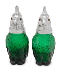 A Pair of Silver-Plate and Green Glass Cockatoo Decanters