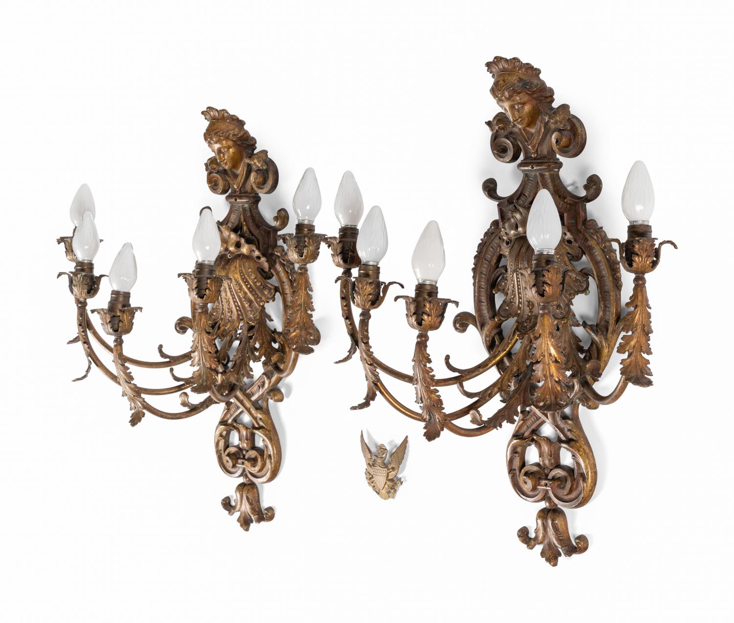 A Pair of Régence Style Gilt Metal Five-Light Sconces