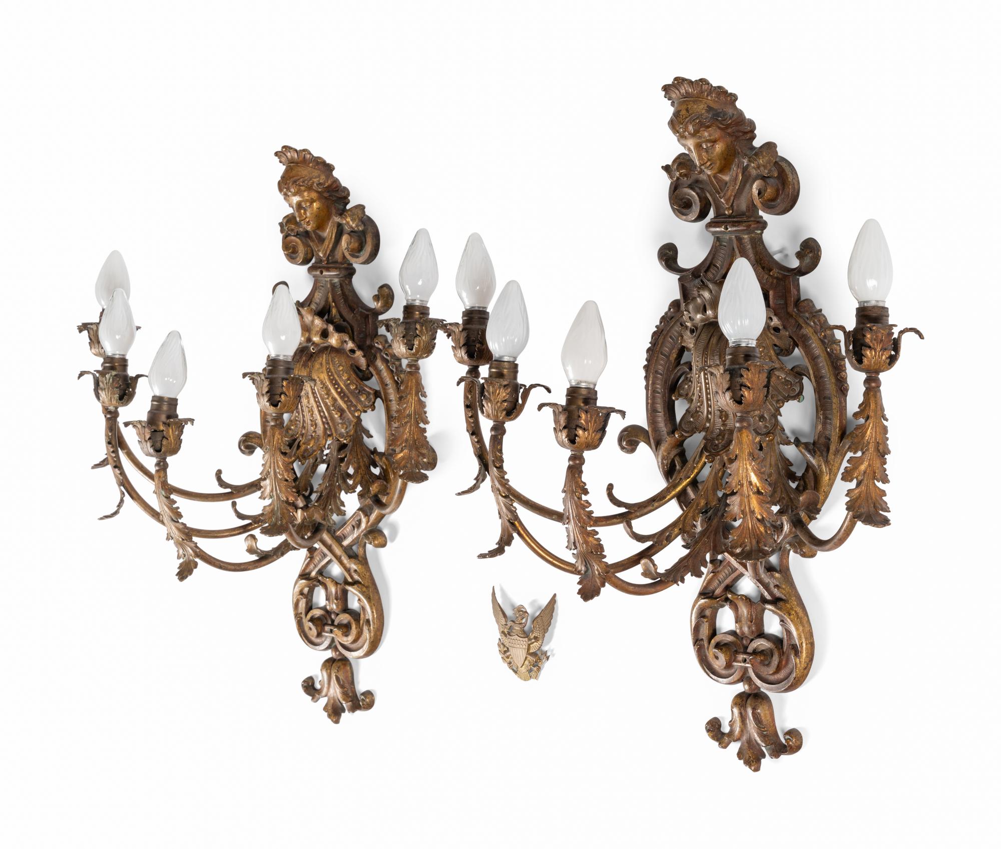 A Pair of Régence Style Gilt Metal Five-Light Sconces