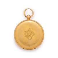 BRITISH, 18K YELLOW GOLD OPEN FACE POCKET WATCH WITH FOB CHAIN