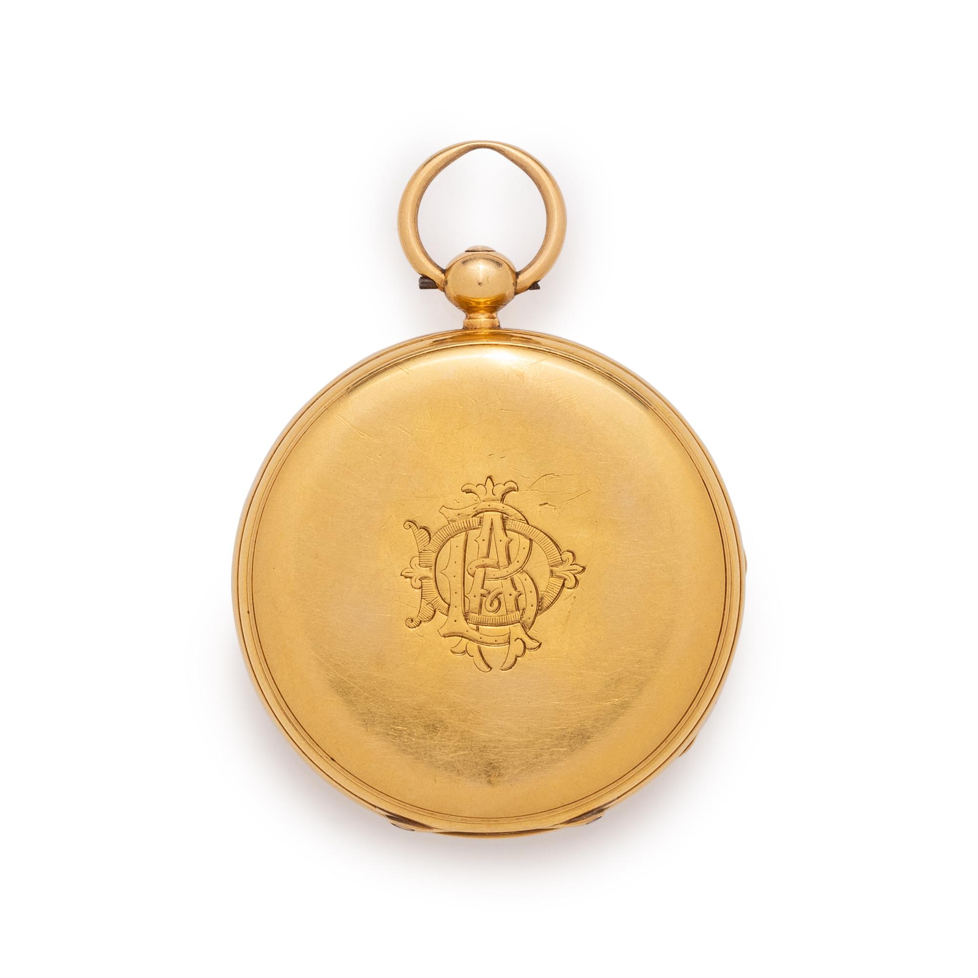 BRITISH, 18K YELLOW GOLD OPEN FACE POCKET WATCH WITH FOB CHAIN