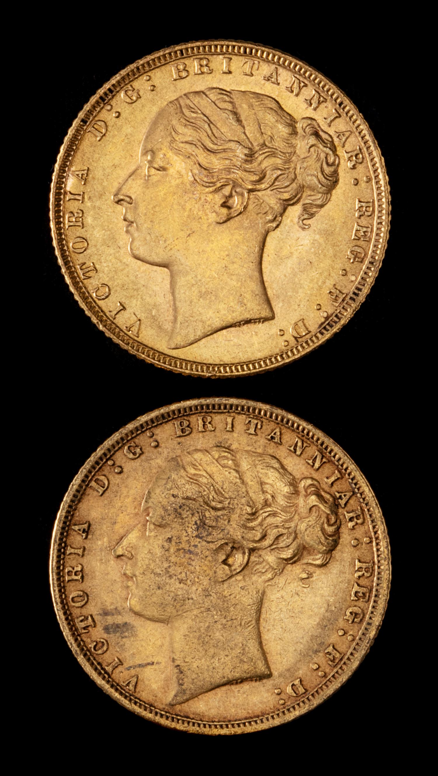 Two United Kingdom 1872 Sovereign: Young Victoria-London Mint Gold Coin