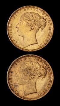 Two United Kingdom 1872 Sovereign: Young Victoria-London Mint Gold Coin