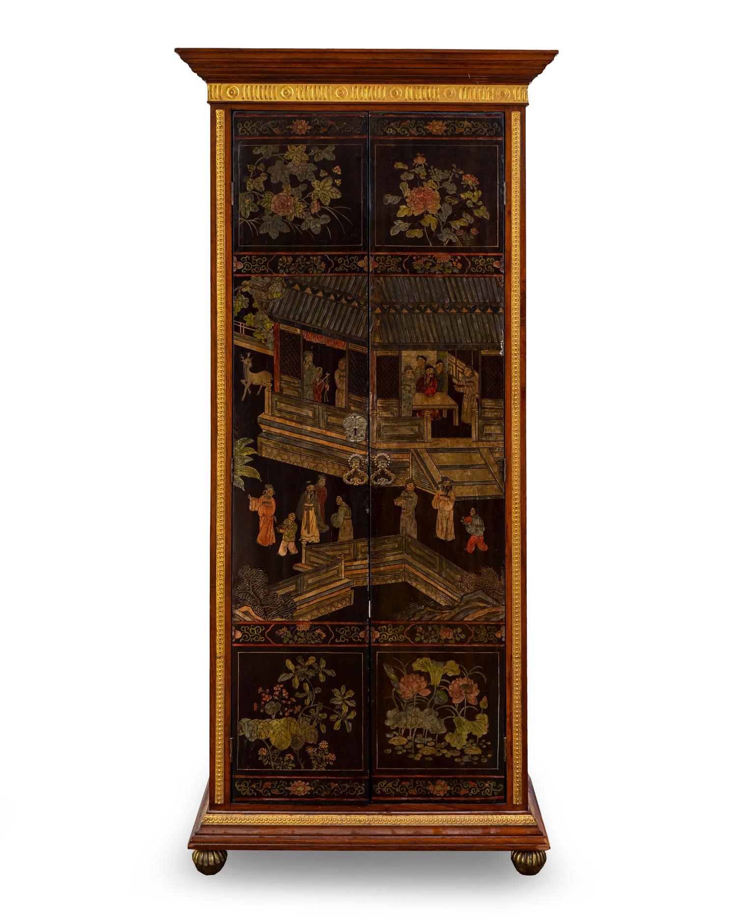 A Louis Philippe Style Walnut and Parcel Gilt Cabinet with Chinese Coromandel Lacquer Doors — 20TH CENTURY