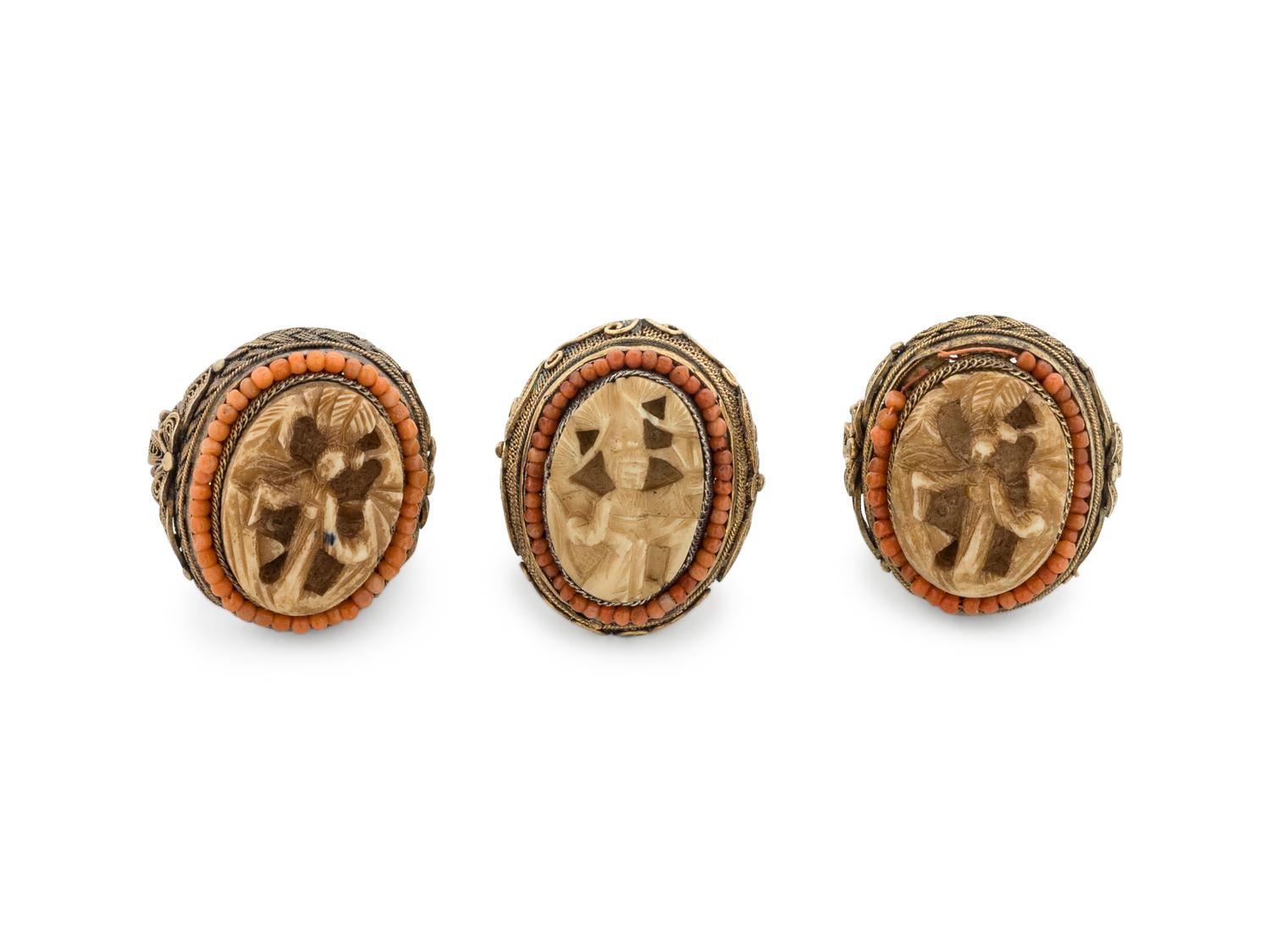 Three Chinese Inset Gilt Filigree Rings