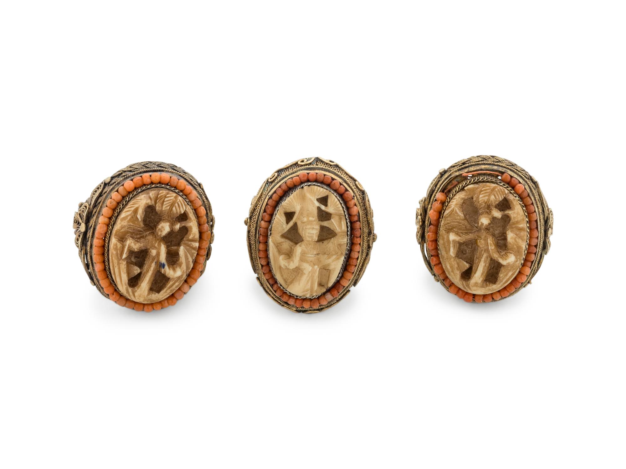 Three Chinese Inset Gilt Filigree Rings