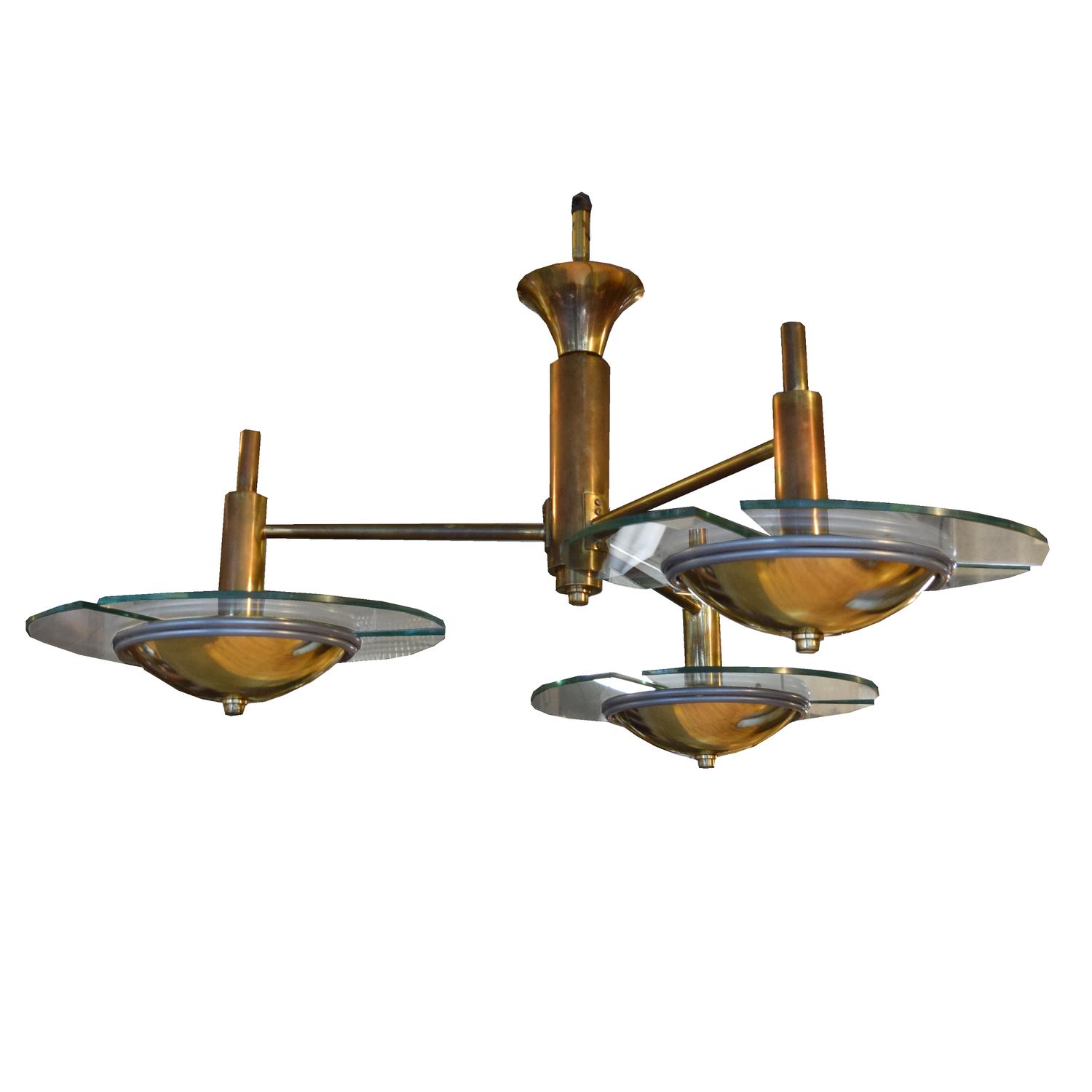 A Three Arm Brass and Glass Light Fixture 44" W x 44" D x 19" H — France, Mid-20th Century