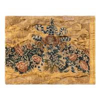 A Gold Silk Damask Panel with Needlework Appliqu é , Now Mounted as a Cushion Cover