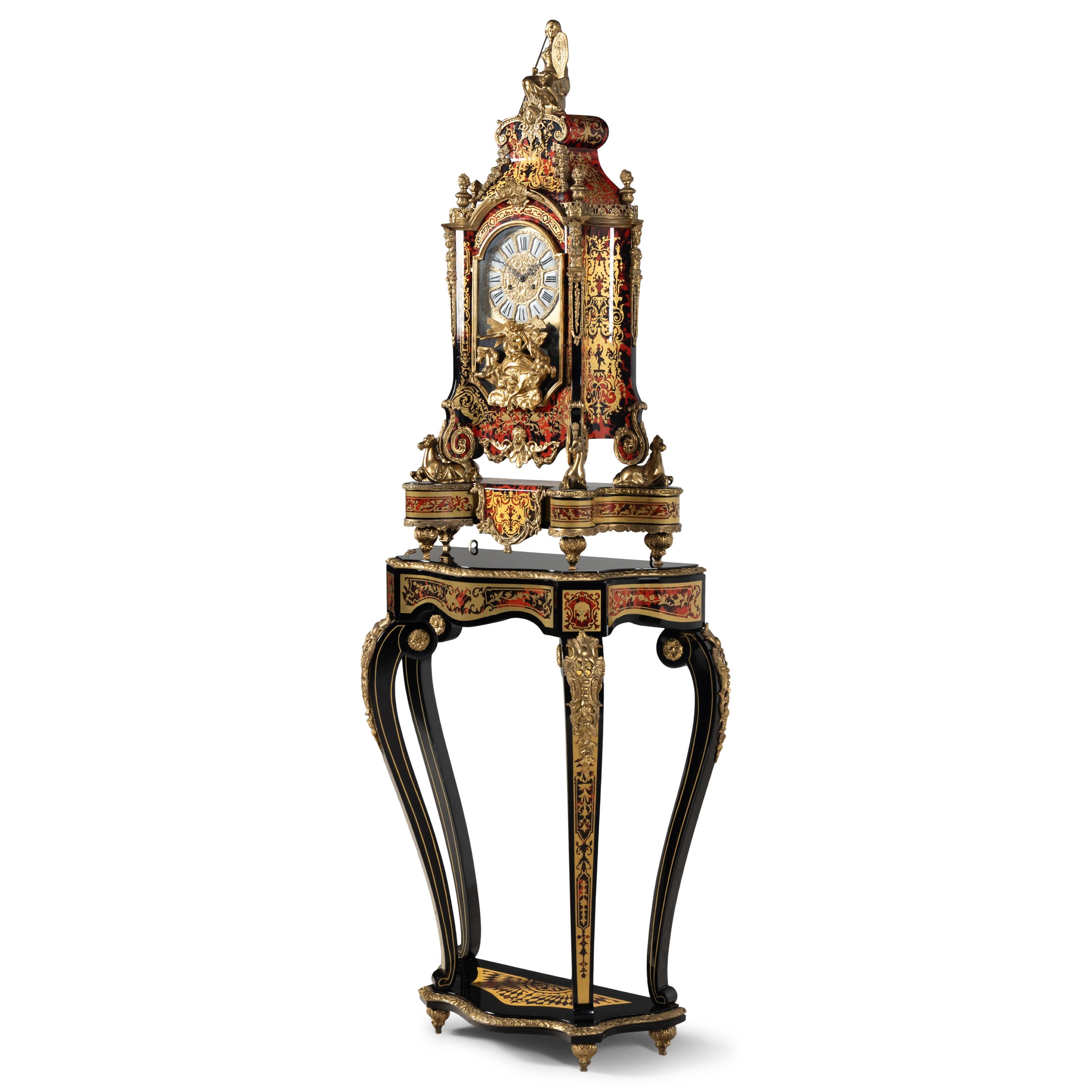 A Large Louis XIV Style Boulle Marquetry and Gilt Metal Mounted Clock and Stand