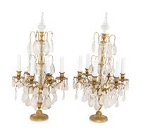 A Pair of French Gilt-Bronze and Rock Crystal Six-Light Girandoles