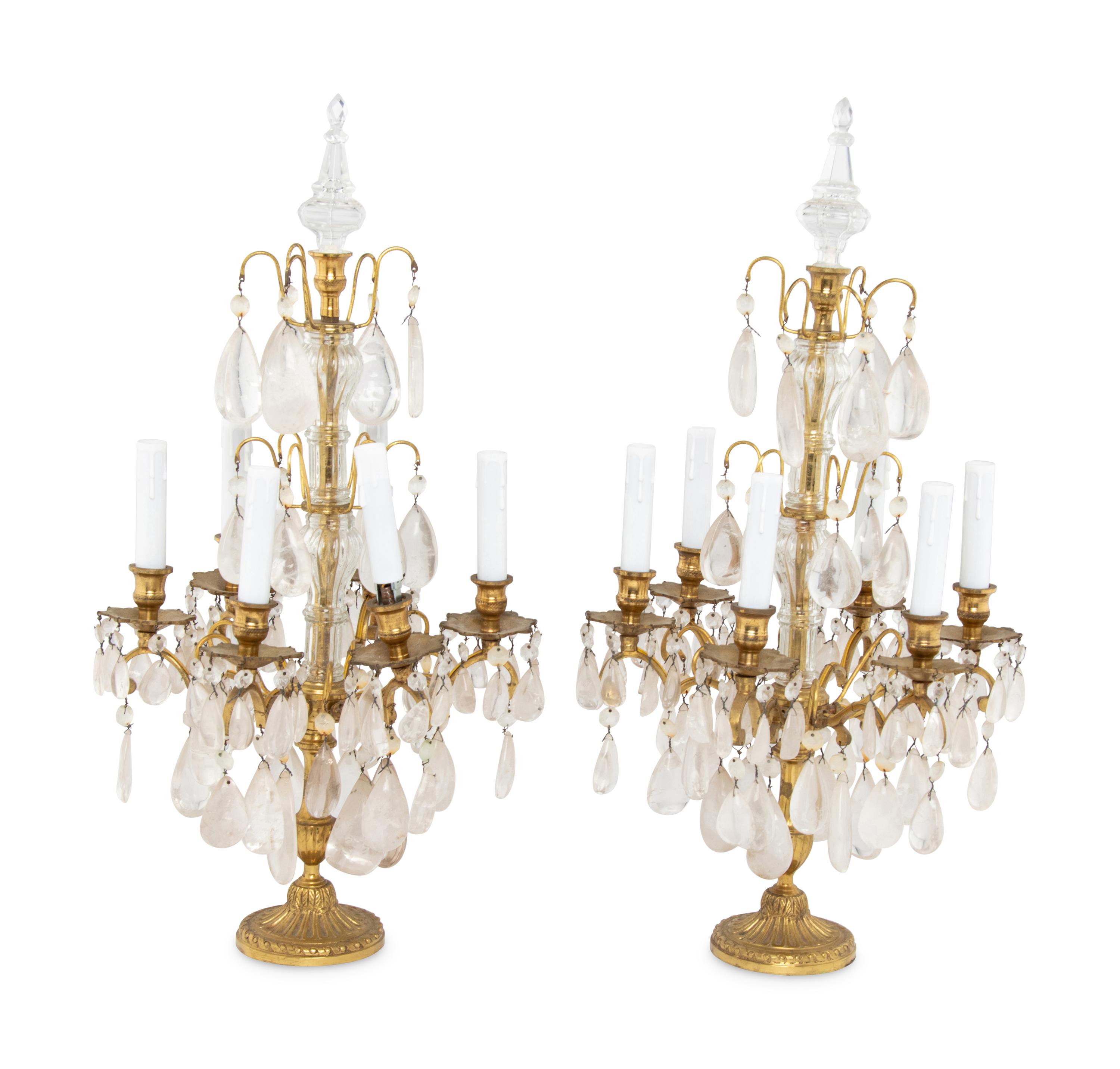 A Pair of French Gilt-Bronze and Rock Crystal Six-Light Girandoles