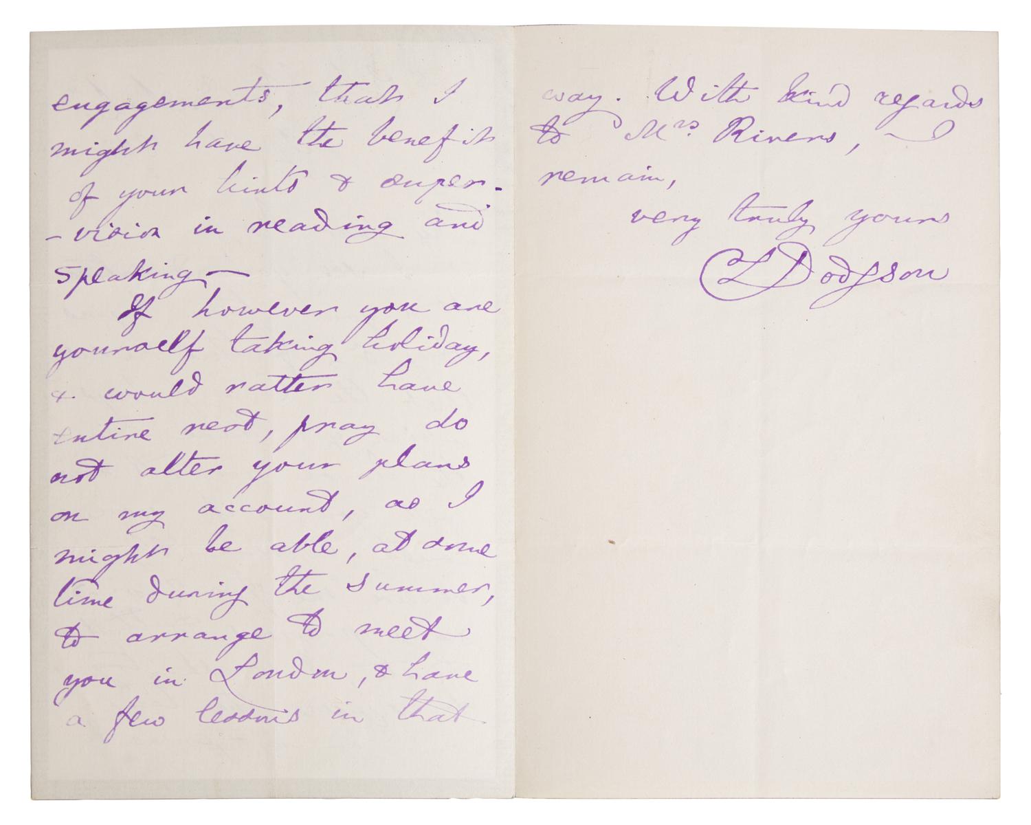 Carroll, Lewis (Charles Lutwidge Dodgson). Autograph Letter, signed