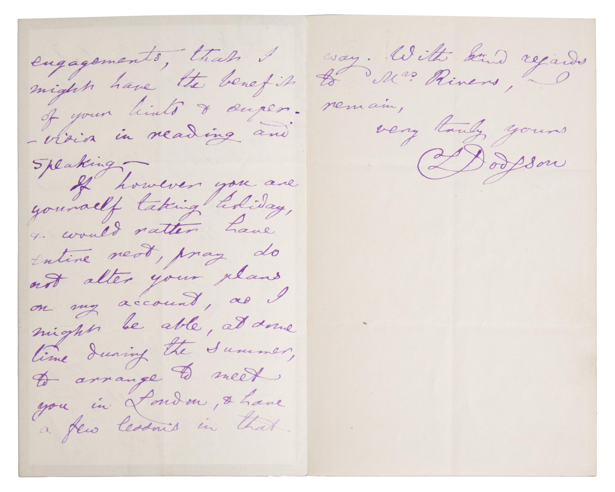 Carroll, Lewis (Charles Lutwidge Dodgson). Autograph Letter, signed