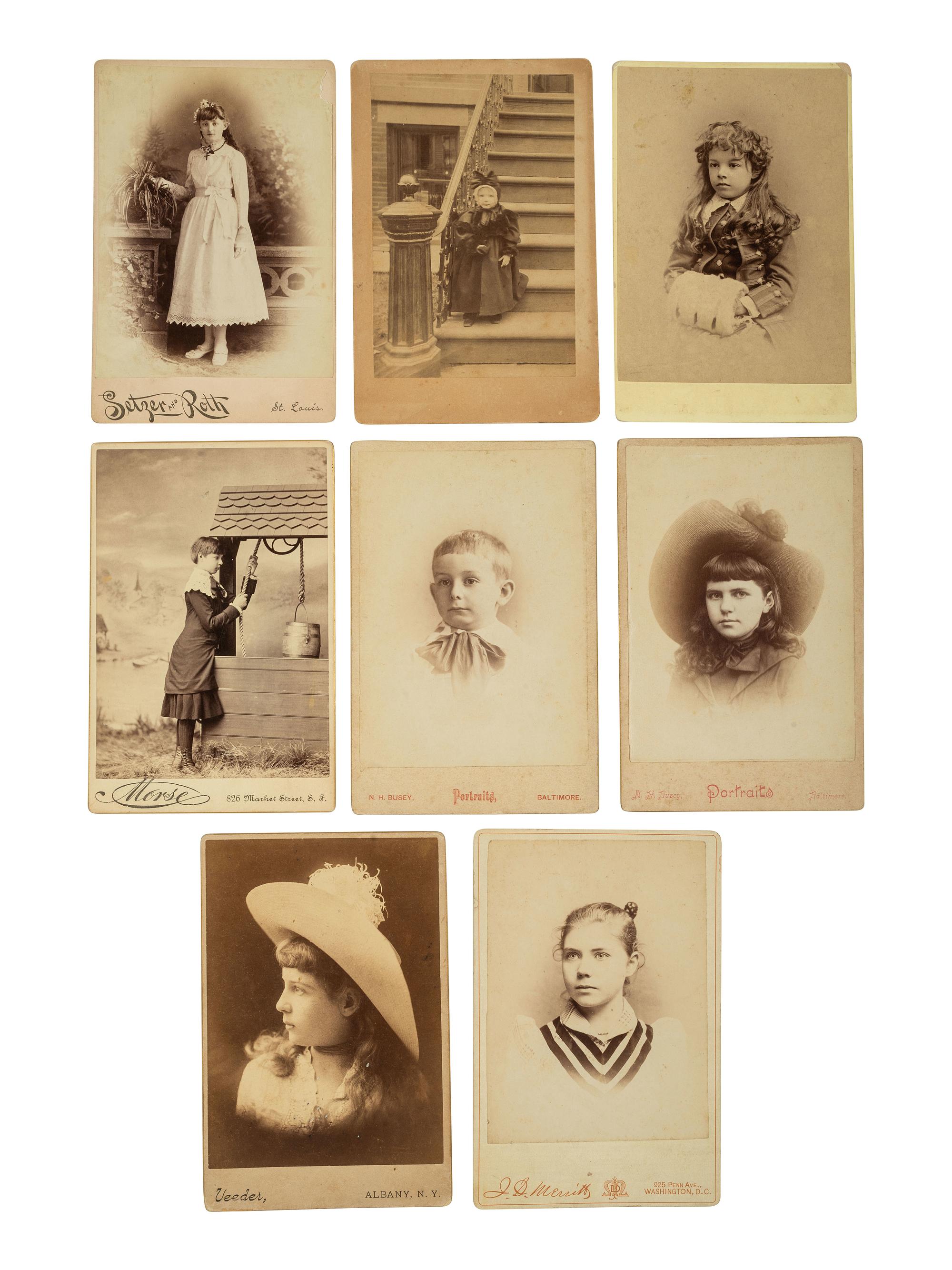[EARLY PHOTOGRAPHY]. 50+ CDVs & cabinet cards of children, incl uniformed lads & precious portraits.