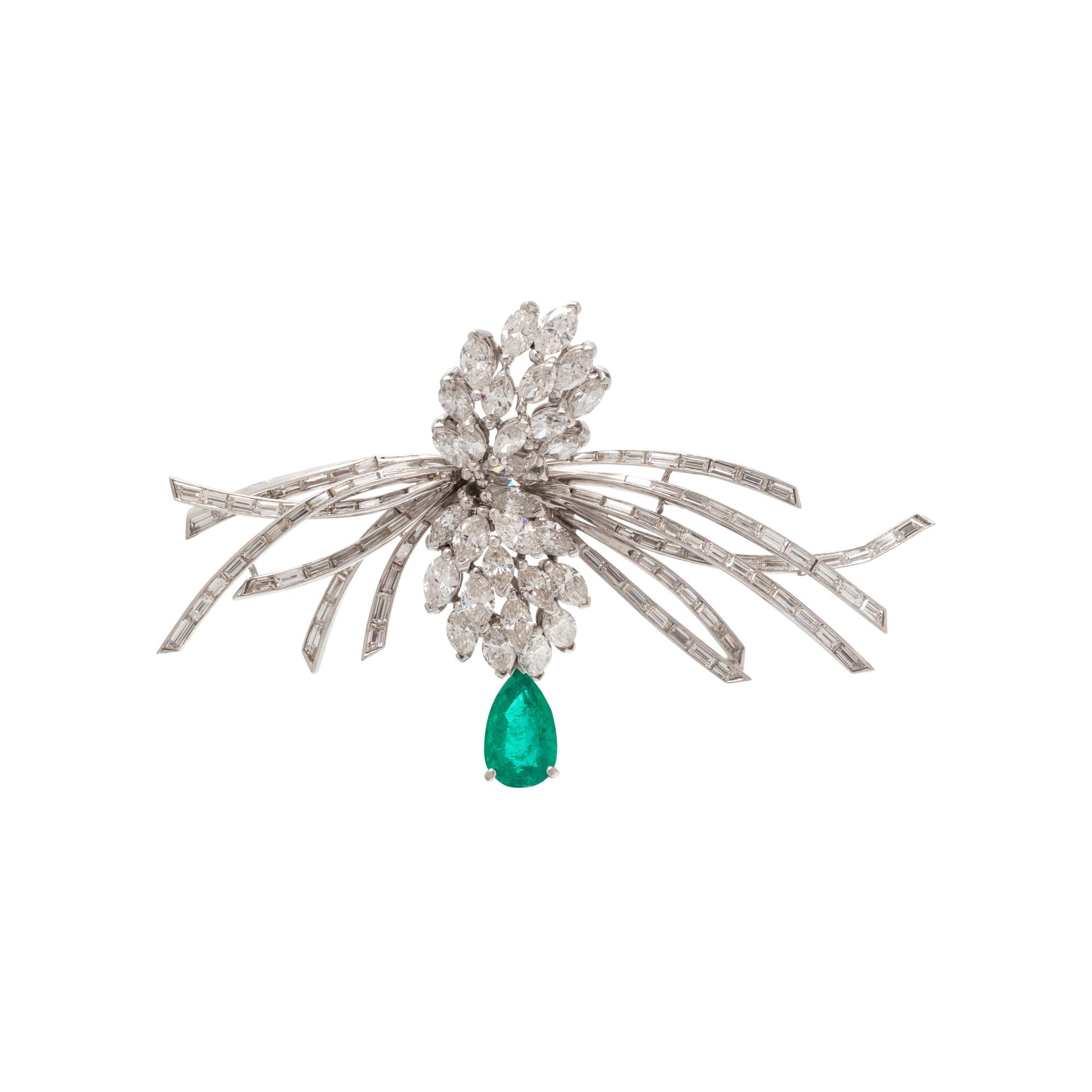 DIAMOND AND EMERALD BROOCH