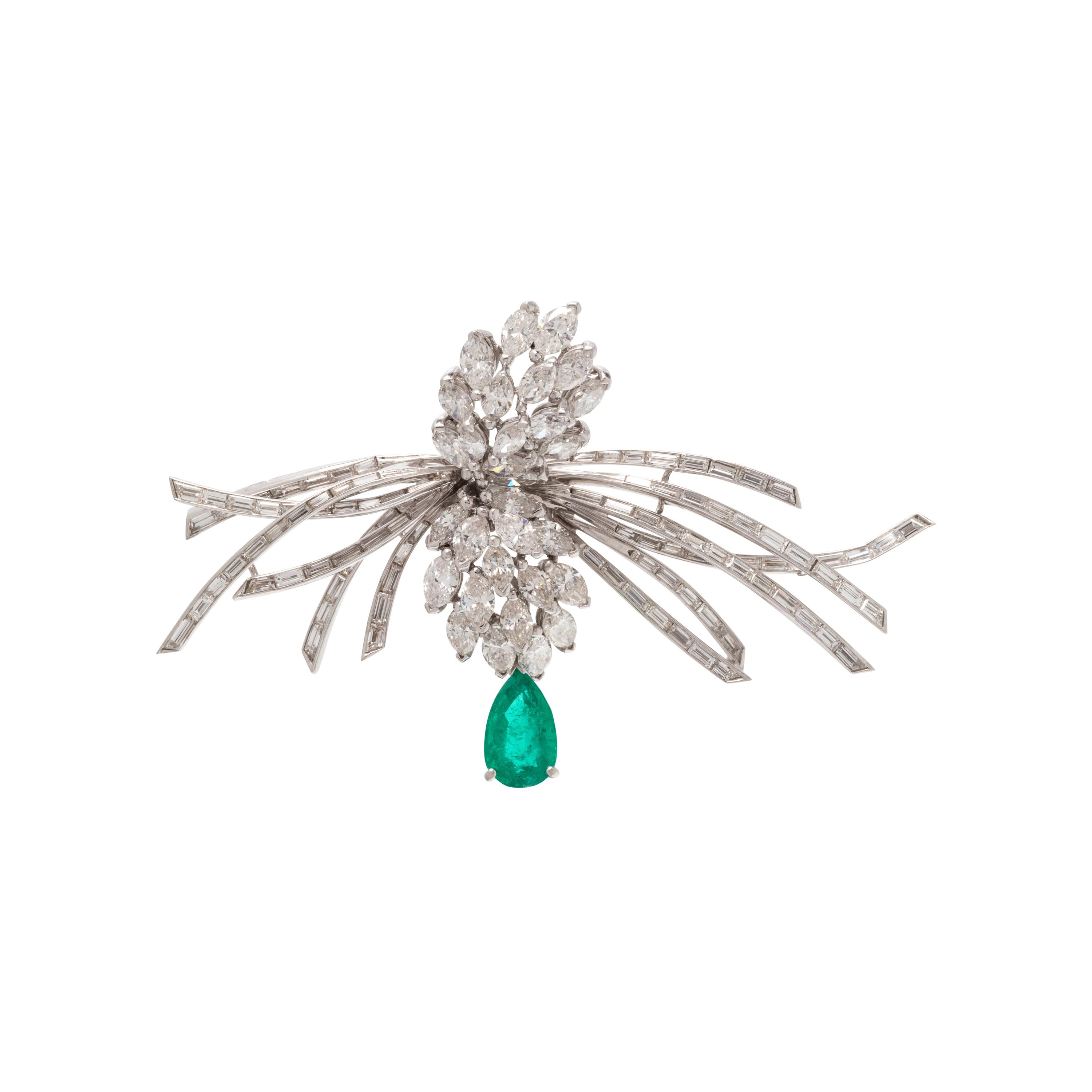 DIAMOND AND EMERALD BROOCH
