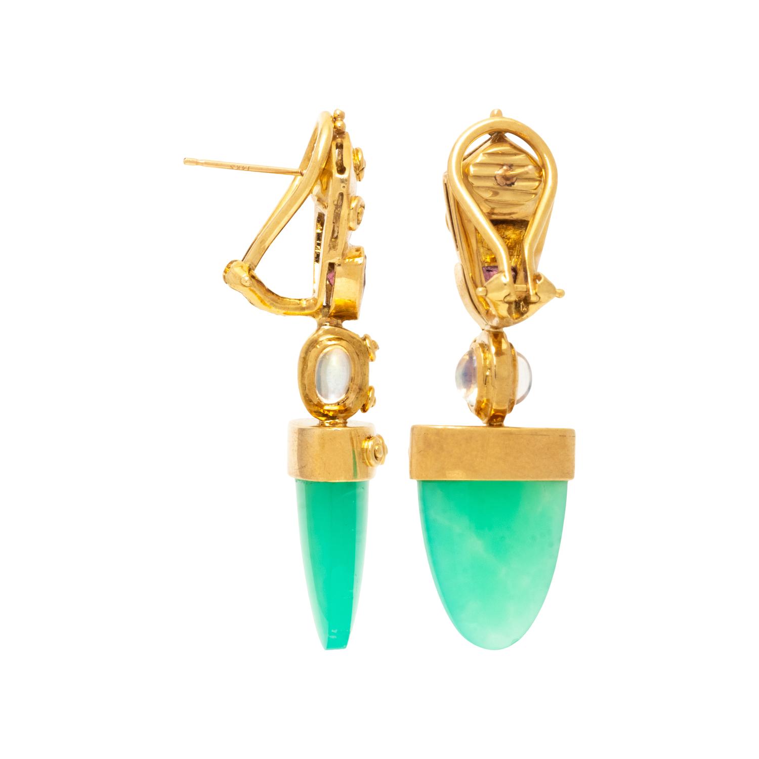 YELLOW GOLD, CHRYSOPRASE, MOONSTONE, AND PINK TOURMALINE DROP EARRINGS