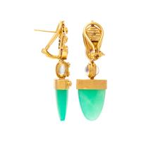 YELLOW GOLD, CHRYSOPRASE, MOONSTONE, AND PINK TOURMALINE DROP EARRINGS