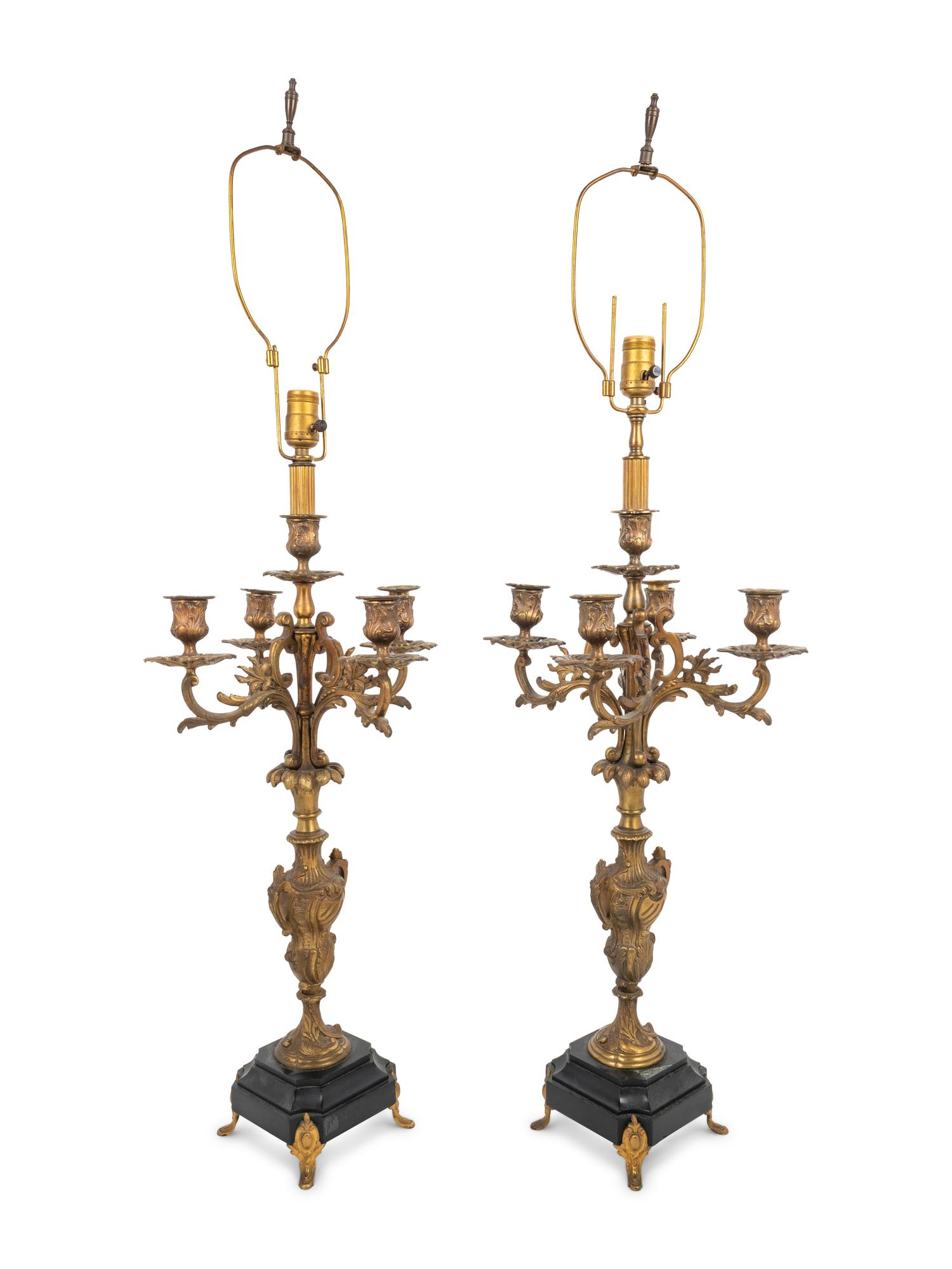 A Pair of French Gilt Metal Five-Light Candelabra Mounted as Lamps