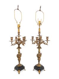 A Pair of French Gilt Metal Five-Light Candelabra Mounted as Lamps