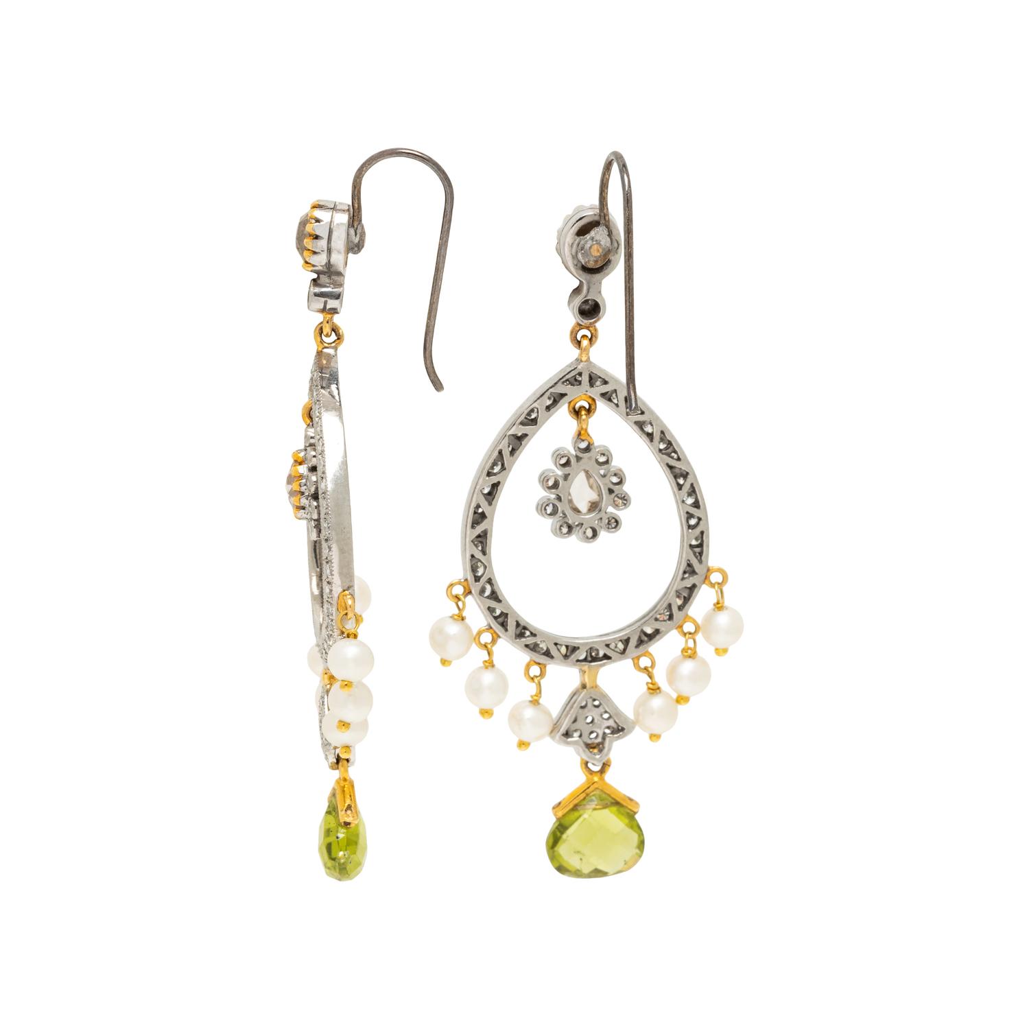 BICOLOR GOLD, DIAMOND, PERIDOT, AND SEED PEARL PENDANT EARRINGS