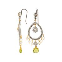 BICOLOR GOLD, DIAMOND, PERIDOT, AND SEED PEARL PENDANT EARRINGS