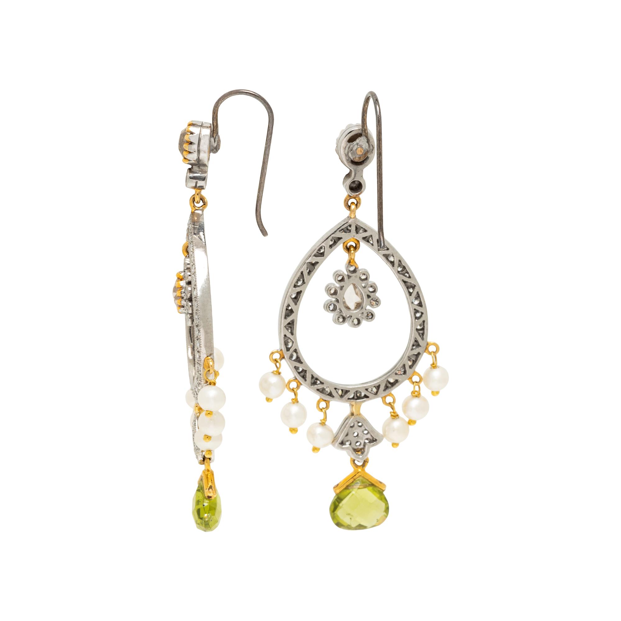 BICOLOR GOLD, DIAMOND, PERIDOT, AND SEED PEARL PENDANT EARRINGS