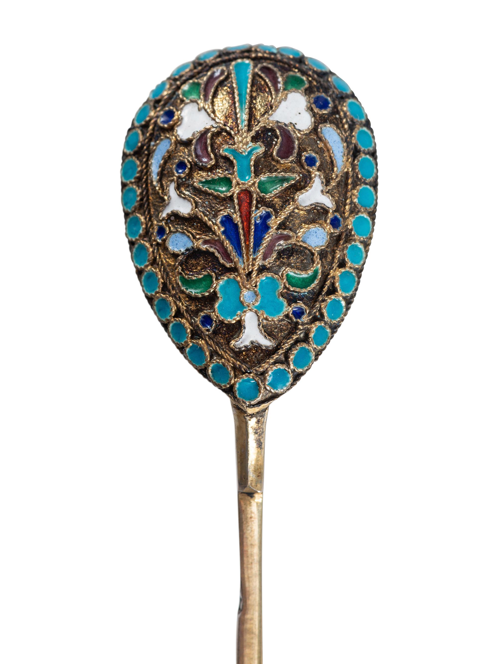 Sixteen Russian Silver and Enamel Spoons