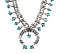 A Navajo Silver and Turquoise Squash Blossom Necklace