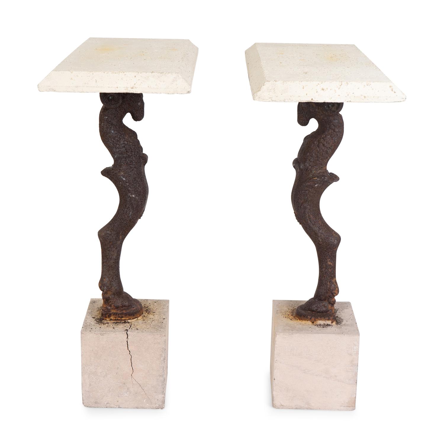 A Pair of Cast-Iron and Travertine Garden Consoles