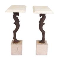 A Pair of Cast-Iron and Travertine Garden Consoles
