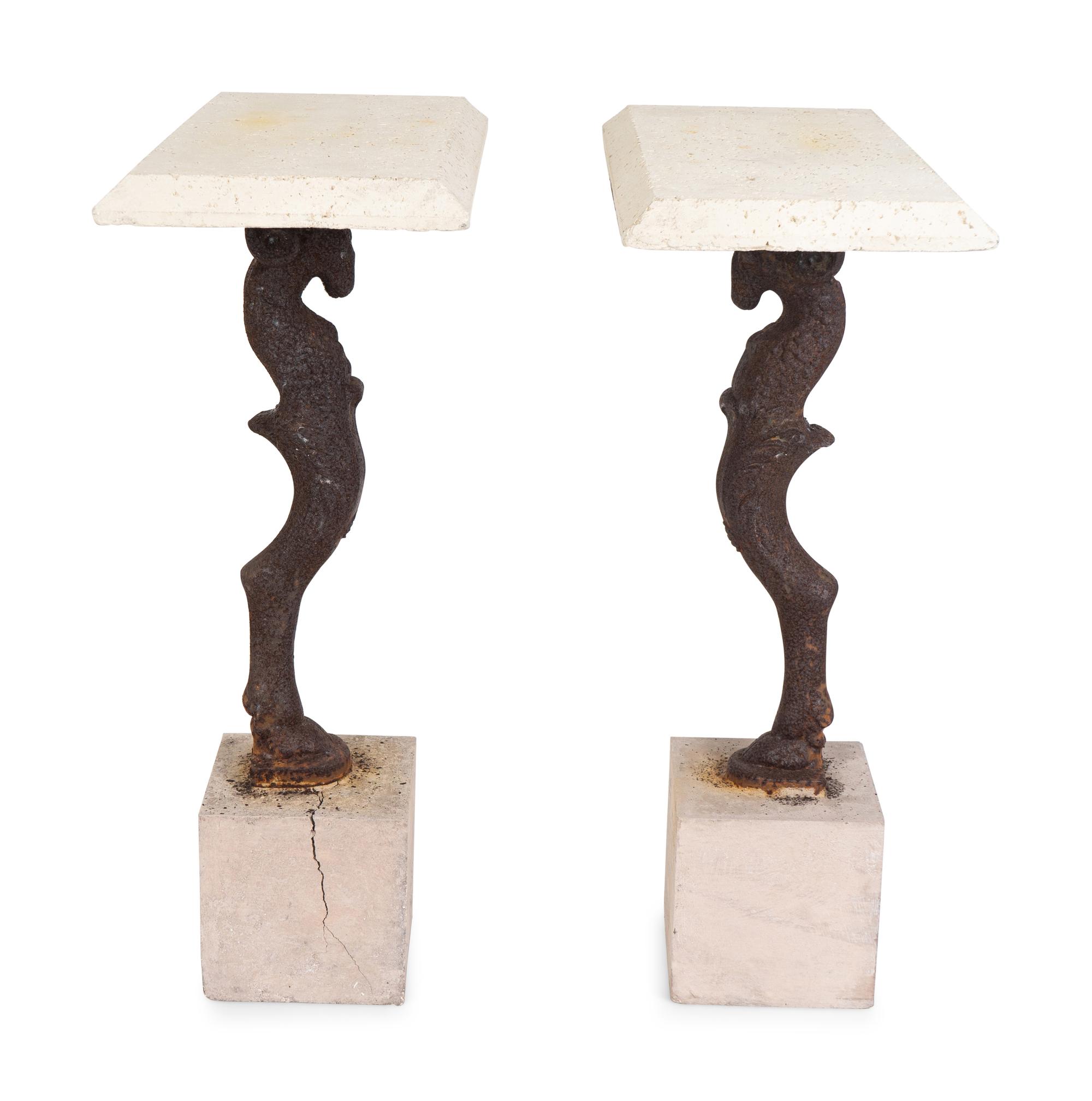 A Pair of Cast-Iron and Travertine Garden Consoles